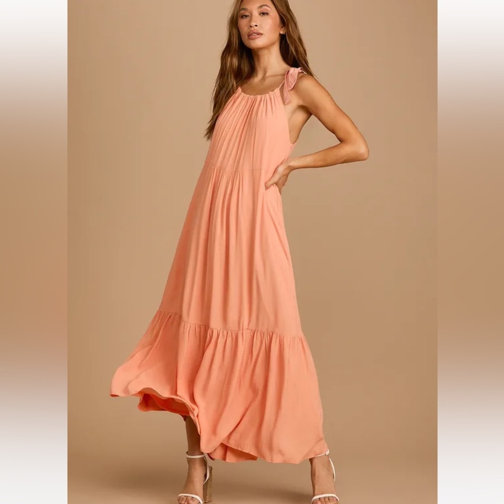 Lulus Sweet Encounter Peach Tie-Strap Tiered Midi Dress Size XL